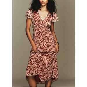 Anthropologie / Exquise - Flutter Sleeve Red Floral Slip Dress